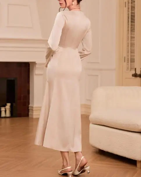 シルクサテンの女性用ドレス、フランスの高級感あふれる雰囲気、Vネック、ウエストシェイプ、長袖、フィッシュテールドレス、宴会に最適