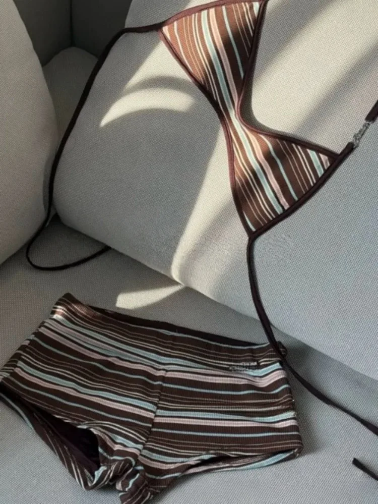 Sexy striped vest bikinis sets two pieces shorts swimsuits halter tie swimwear bathing suits beach outfits tankini biquini