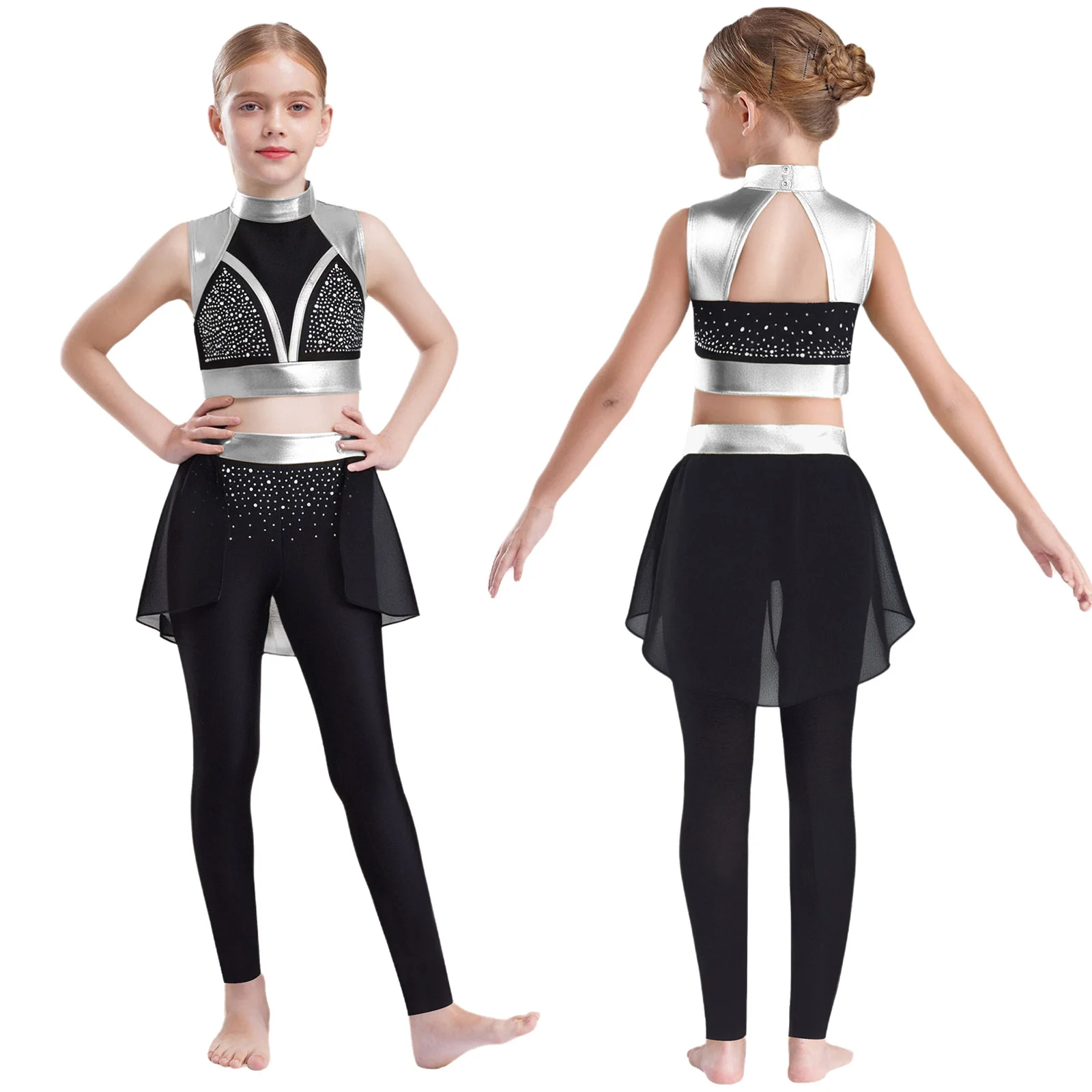 

Girls Jazz Ballet Dance Outfits Shiny Rhinestones Metallic Crop Tops with Pants Figure Skating Gymnastics Performance Costume