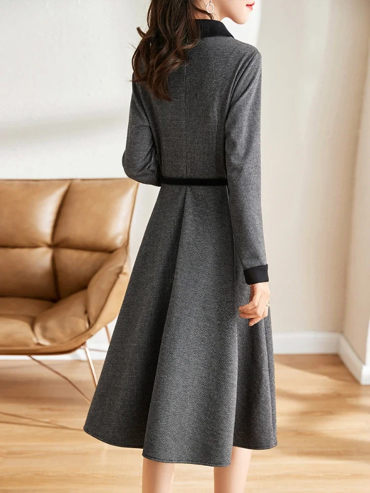 2024 New High Quality Women Button Tweed Fabric Dress Autumn Winter Patchwork Long Sleeve Ladies Office Midi Vestidos With Belt