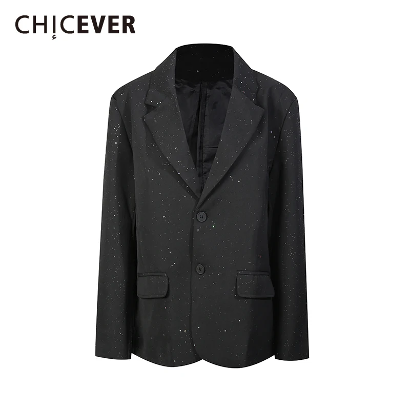 

CHICEVER Black Spliced Sequins Chic Blazer Female Lapel Long Sleeve Loose Light Luxury Women's Blazers Autumn Fashion New Style