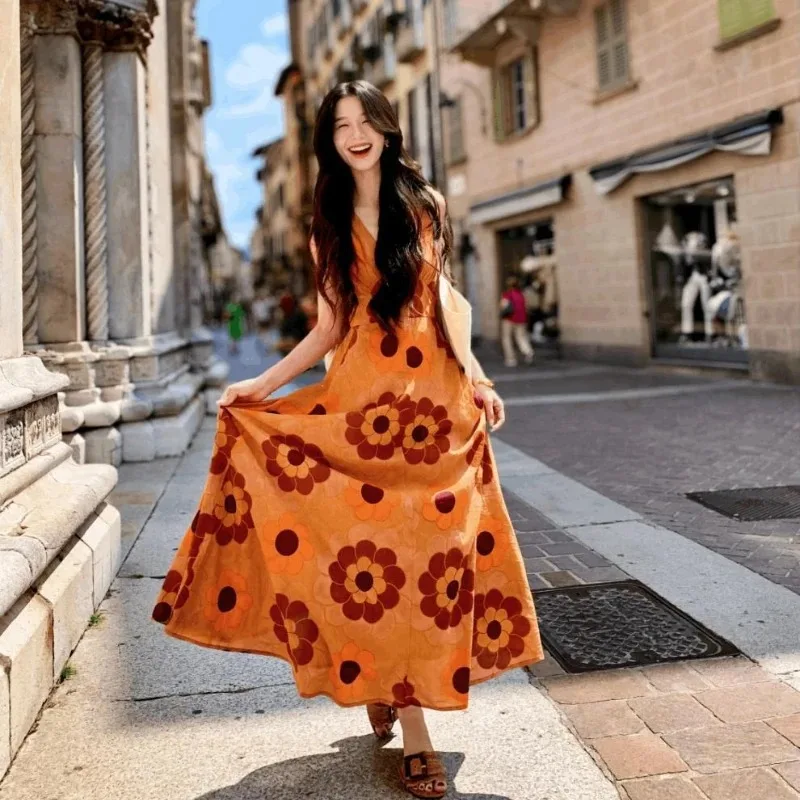 

Women Holiday Beach Dopamine Seaside Dress Photograph Orange Dress Vintage Spaghetti Strap Flower Dress