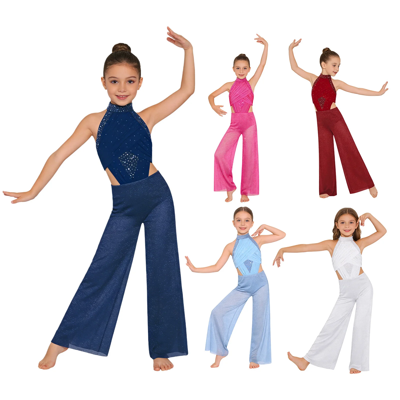 

Kids Girls Lyrical Dance Jumpsuit Rhinestone Halter Neck Ruched Sleeveless Mesh Wide Leg Jumpsuit Built-in Briefs Dancewear
