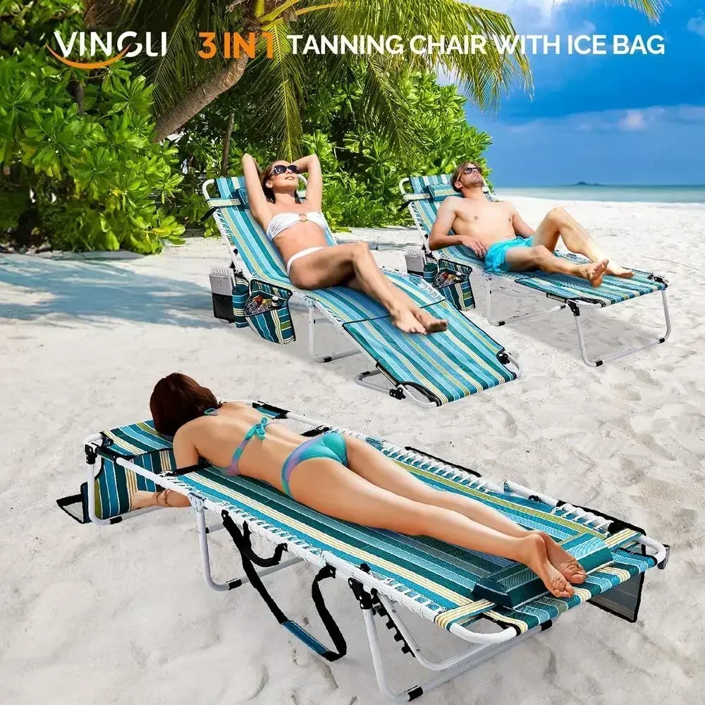 Extra-Large Tanning Chair with Carry Bag, Outdoor Beach Lounger for Adults, Durable Sunbathing Chair, Stripe Pattern