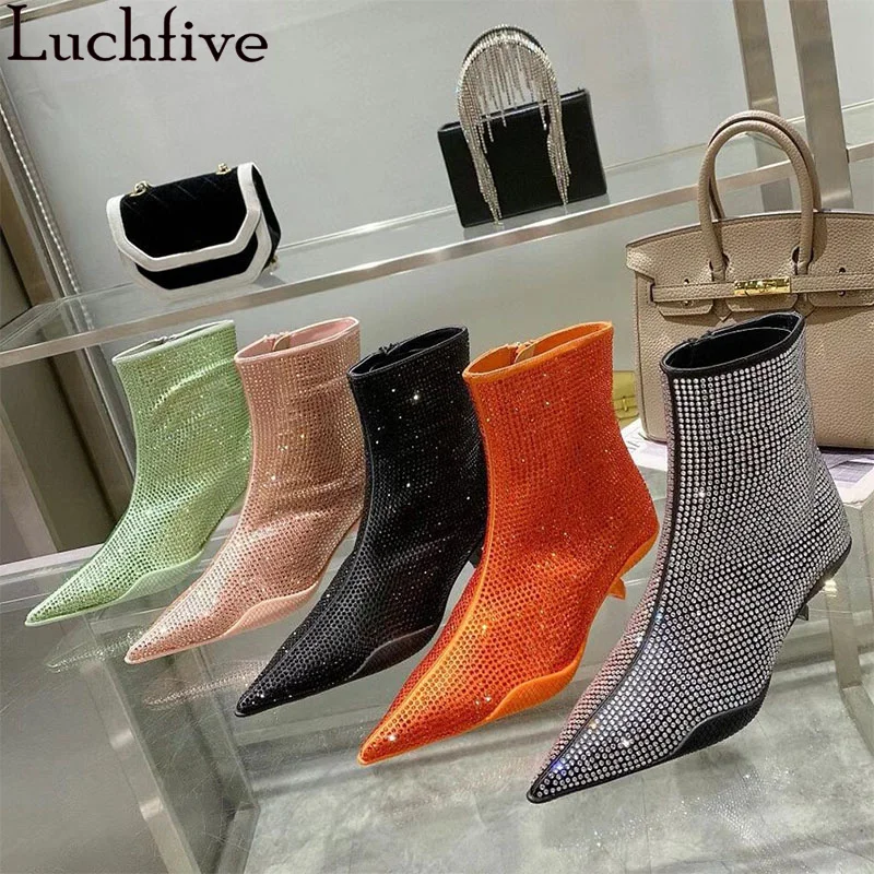 Luxury Slim Chelsea Ankle Boots Women Rhinestones Pointy toe kitten heel Boots Autumn Sexy Fashion Week Brand Crystal Boots 2023