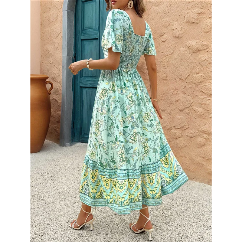 【Party-Decoration】Women's 2025 Summer Short Sleeves Boho Floral Print Tiered Casual Flowy Long Maxi Dress
