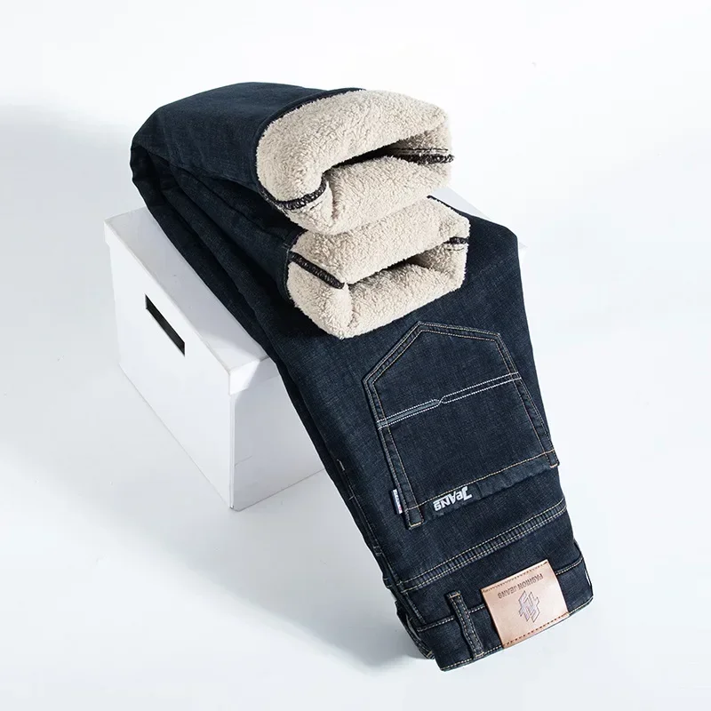 

Men Jeans Lamb Wool Denim Pants Long Pant Thick Warm Straight Trousers Casual Regular Splice Button High Waist Autumn Winter