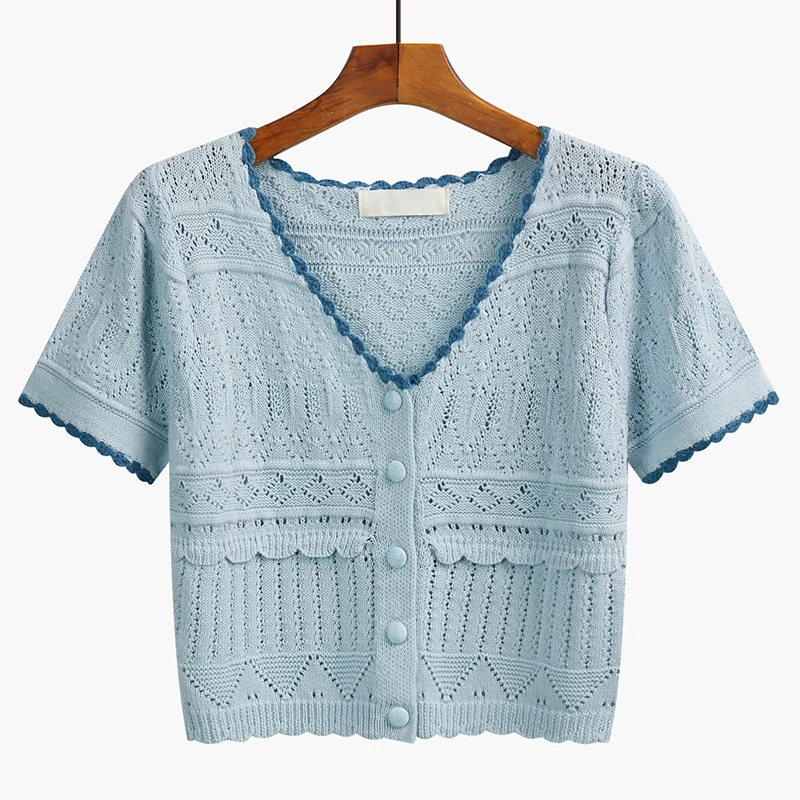

Sweet Sle ort Sve V-Ne Knitted Cardigan Thin Summer New Arrival Gentle Wind Hollow out Design Faionable Top for Women
