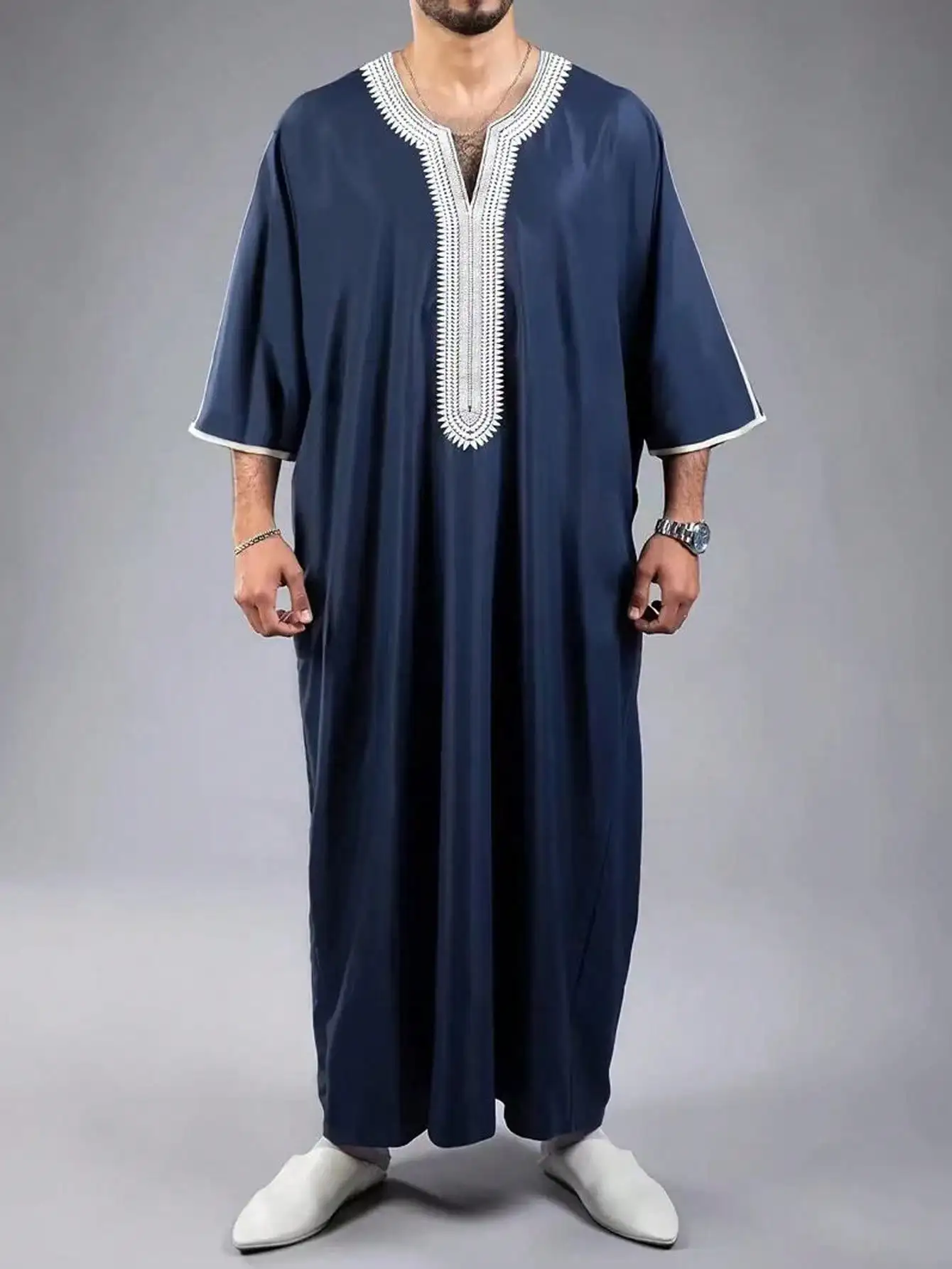 Islamic Loose Men's Muslim Robe Ethnic Style Embroidered Moroccan Men's Traditional Casual Festival Robe