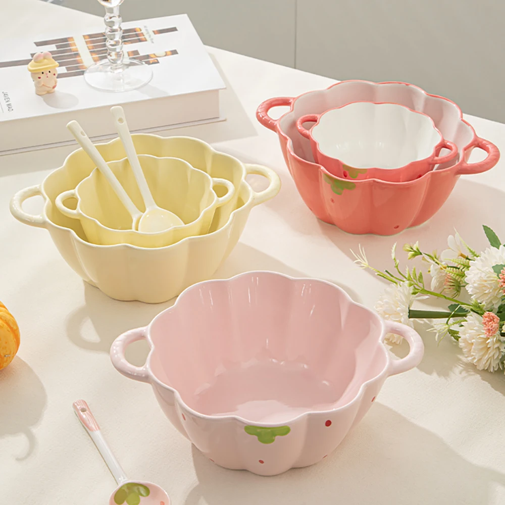 Fruit Ceramic Plates Baking Dish Cream Style Large Double-Handle Soup Bowl Plate Home Use Large Capacity Practical Tableware