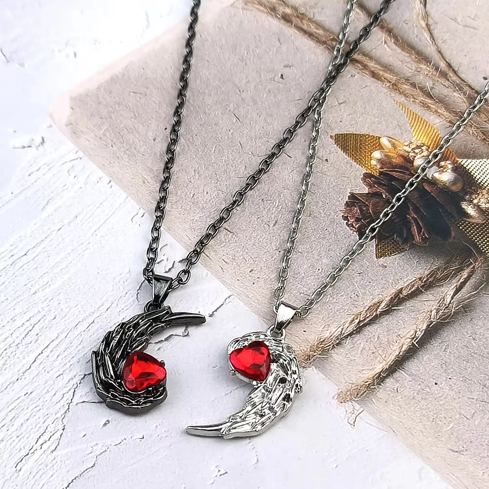 Couple Splicing Red Rhinestone Feather Couple Necklace Heart Angel Devil Pendant Necklaces Valentine's Day Jewelry Gifts