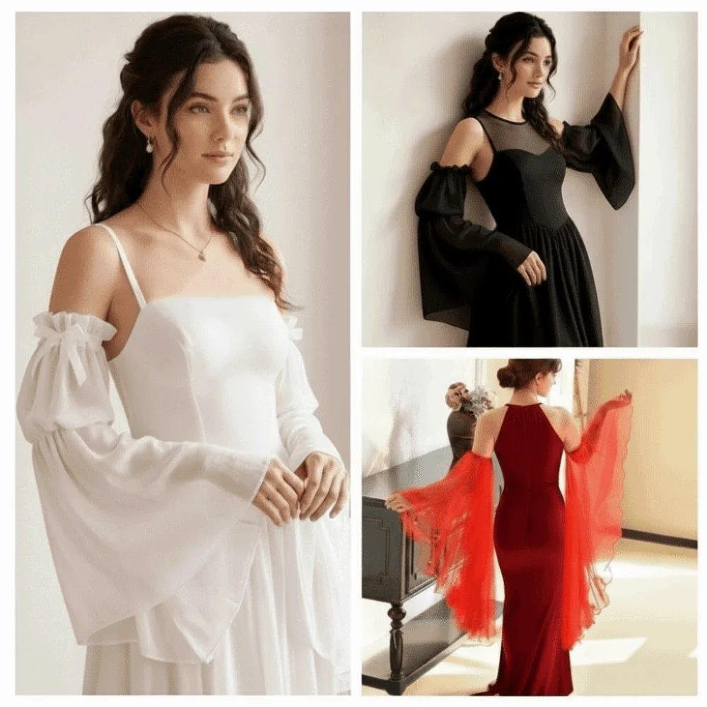 1 pair Chiffon Fabric Fake Sleeves Flare Shape Sheer Mesh Arm Covers Breathable Soft Flowy Design Detachable Cuffs Evening Party
