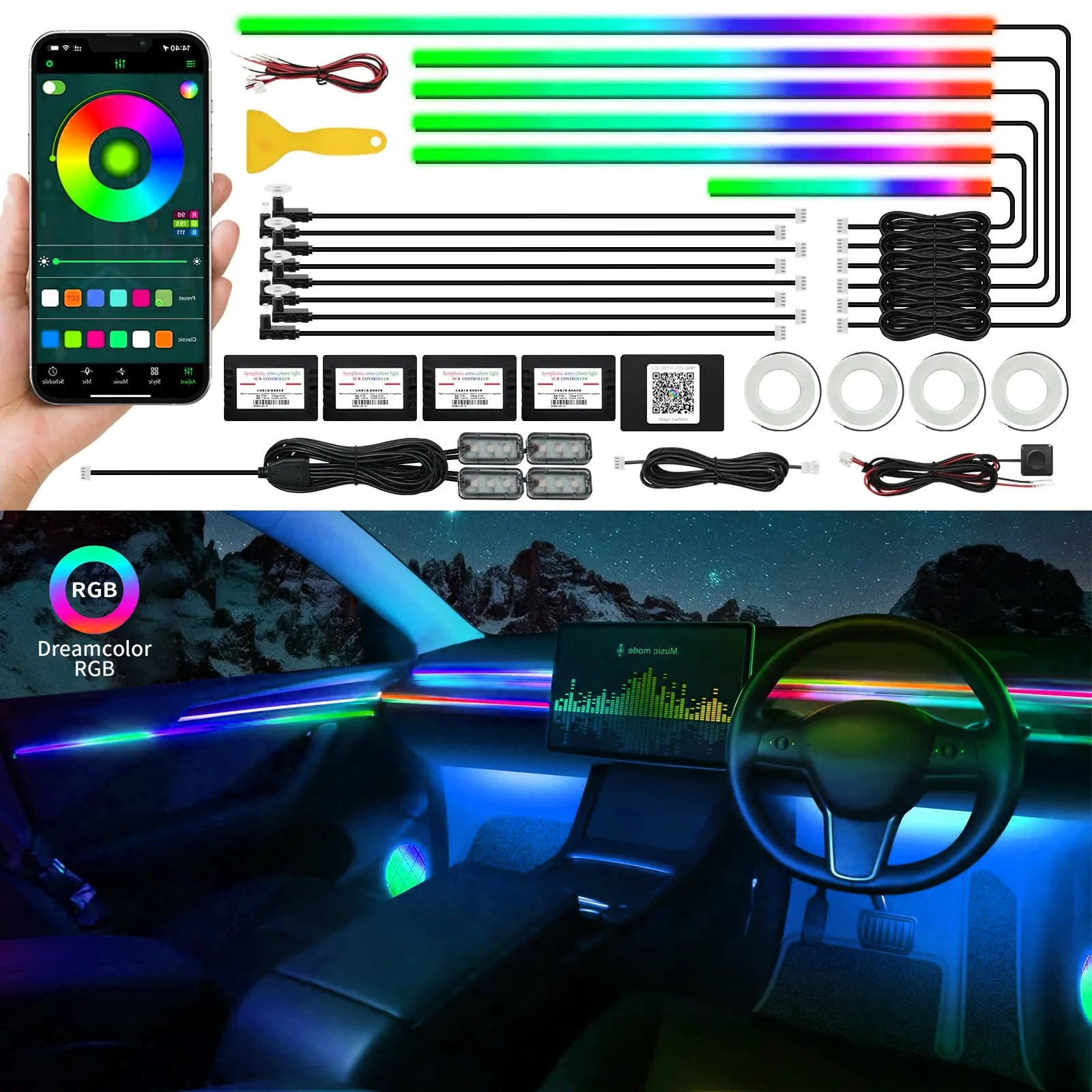 

FILIPLI 2024 Full Universal Symphony Car LED Ambient Lights Decoration Atmosphere Lamp 64 RGB Colorful Streamer Rainbow App