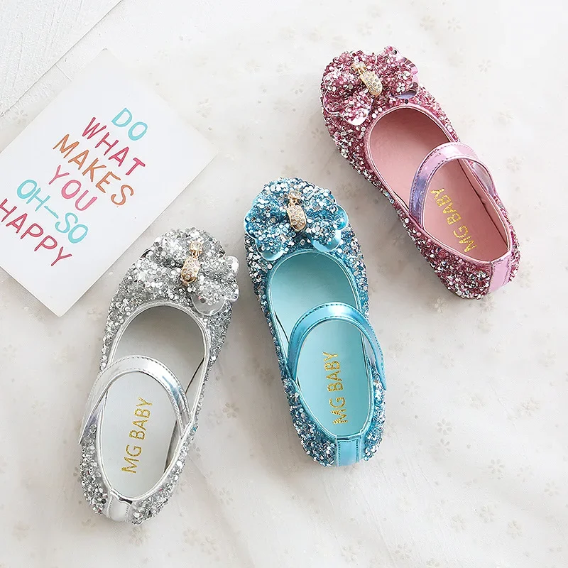 Fashion Girls Shoes Kids Flats Shoes Sequins Rhinestone Princess With Butterfly-Knot Flats Shoes For Students New Autumn 2022