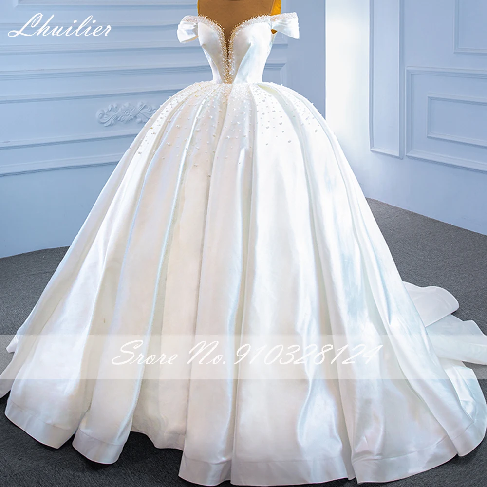 Lhuilier Customized Ball Gown Satin Wedding Dresses Floor Length Off the Shoulder Pearls Beaded Bridal Dress with Court Train