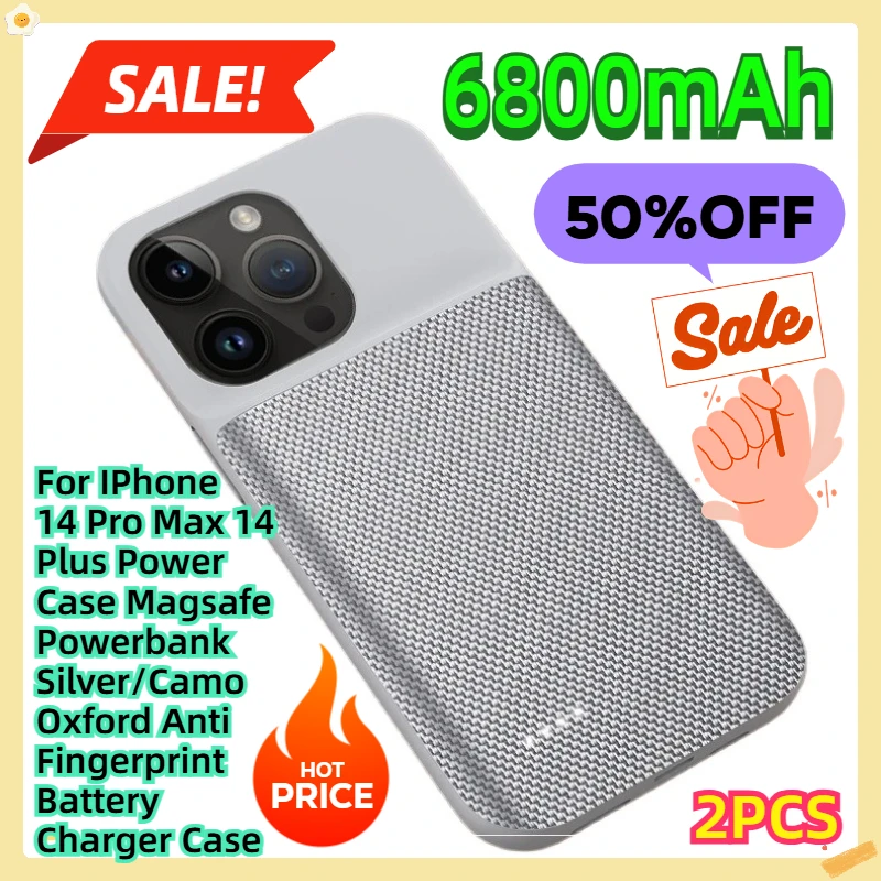 

For IPhone 14 Pro Max 14 Plus Power Case Magsafe Powerbank Silver/Camo Oxford Anti Fingerprint Battery Charger Case