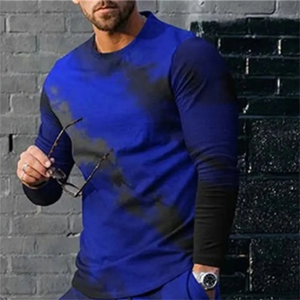 New Tide Streak Pattern European Size Long Sleeved T-Shirt for Men's Casual Autumn Trend Top Round Neck Tee