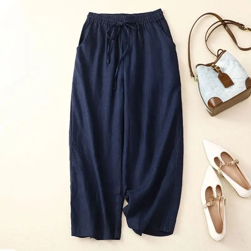 Green Casual Solid Lace Up Elastic High Waist Loose Wide Leg Women\'s Pants Ankle-Length Pants For Women Clothing 2024 Fashion