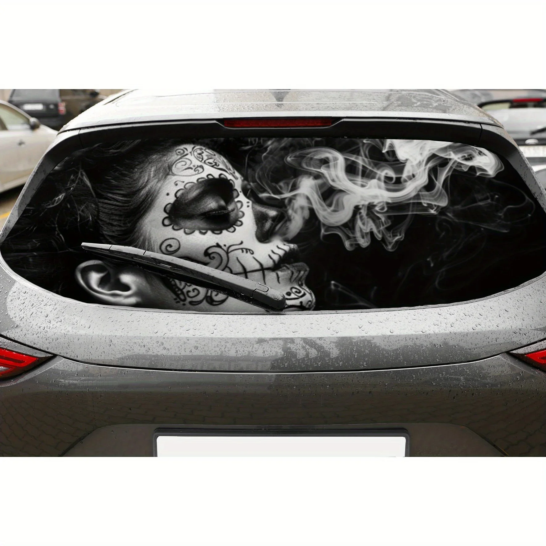 Skull Makeup Girl Smoking PVC Perforated Car Vinyl Wraps, Durable Car Rear Windshield Sticker, Waterproof Car Rear Window Decal,