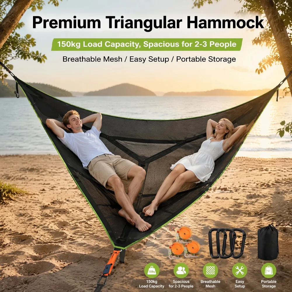Triangular Net Pocket Hammock, 2Person Portable Outdoor Camping Hammock for Garden, Patio & Camping Use