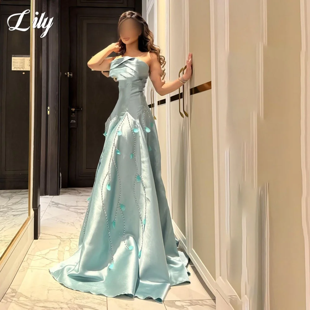 

Lily Blue Prom Dress A-Line Strapless Gala Dresses Feather Saudi Arabic Sleeveless Evening Party Gowns with Pleats Customized