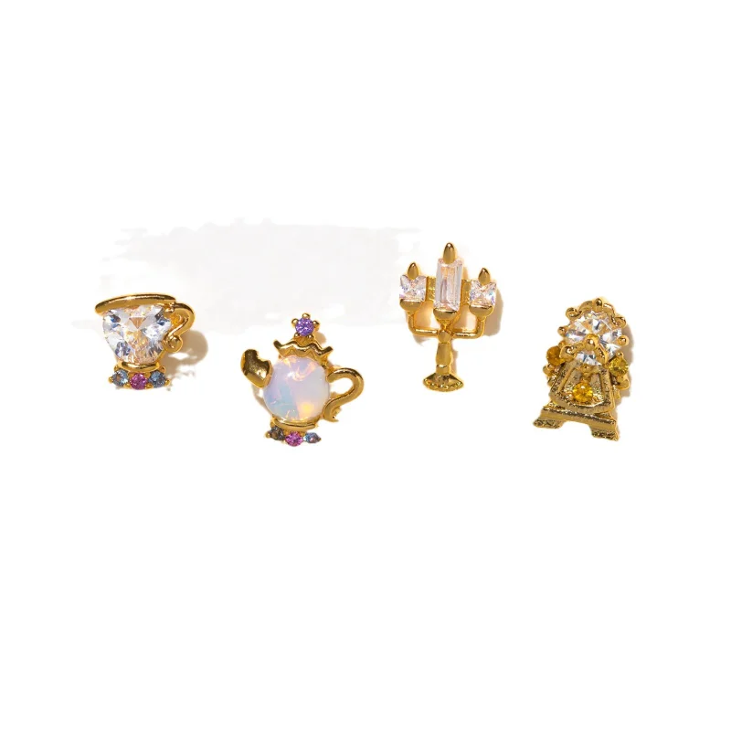 4pcs Anime Peripheral DSN Cartoon Beauty and The Beast Kawaii Teapot Earrings Small Birthday Gift