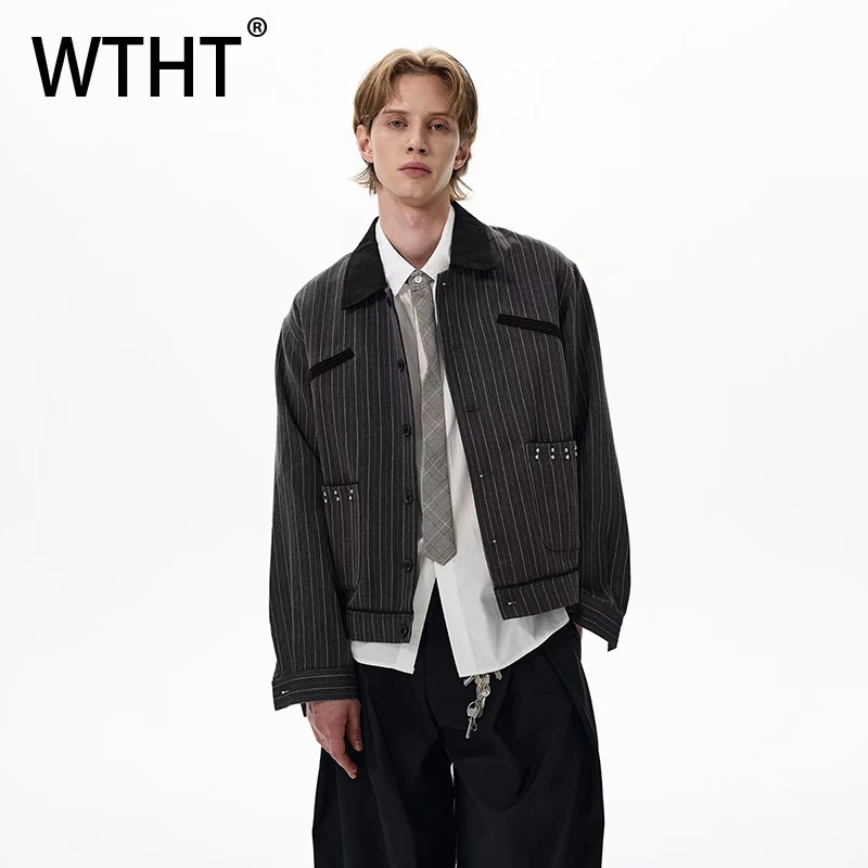 

WTHT модные мужские полосатые пальто контрастного цвета с заклепками, модная однобортная куртка с лацканами, мужская зима 2021, 2A2561