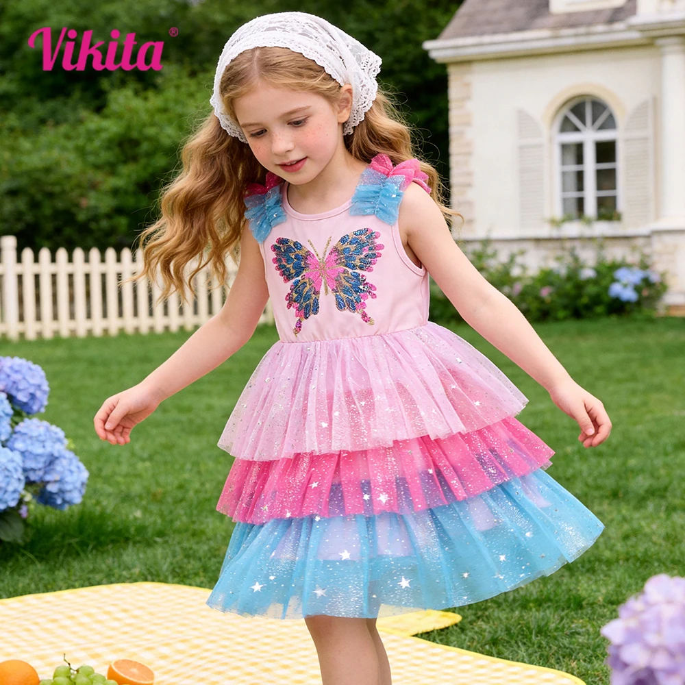 Mädchen Glitzer-Schmetterling Pailletten-Applikationen Tüllkleid Kinder Mehrlagiges Rosa Ärmelloses Sommer-Prinzessinnenkleid Buntes Vestidos