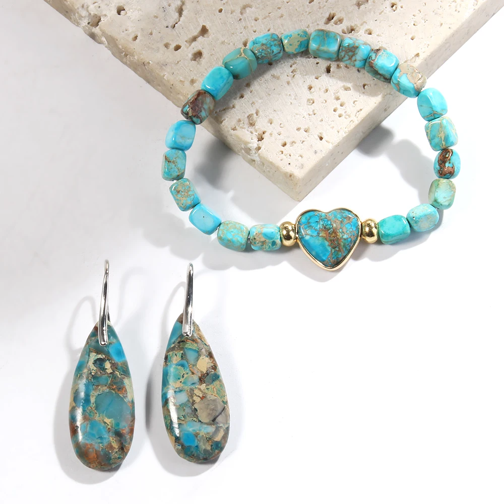 To My Godmother Two-color Love Heart Multi-color Square Emperor Stone Bead Elastic String Bracelet Drop Pendant Earring Set