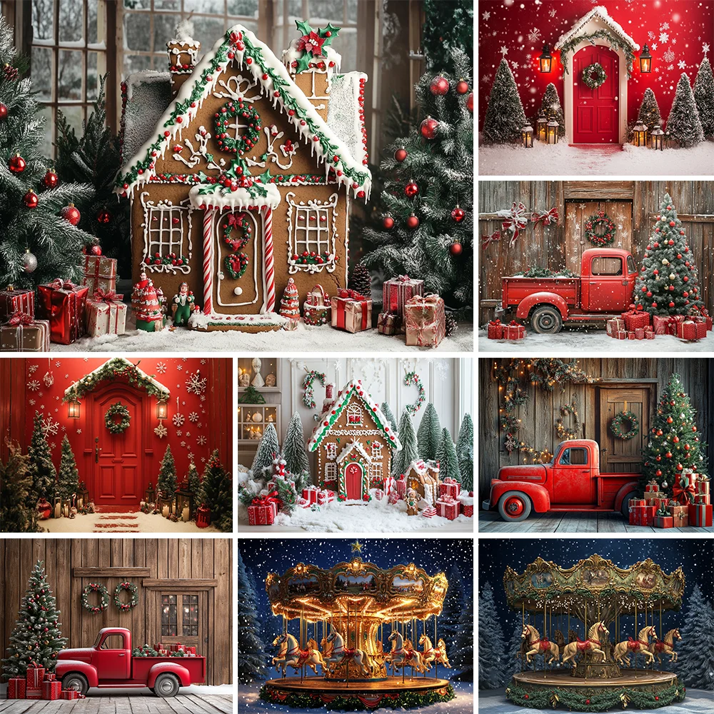 

Red Gingerbread House New Year Christmas Backdrop Background Glitter Xmas Tree Cabin Children Photography Accessories