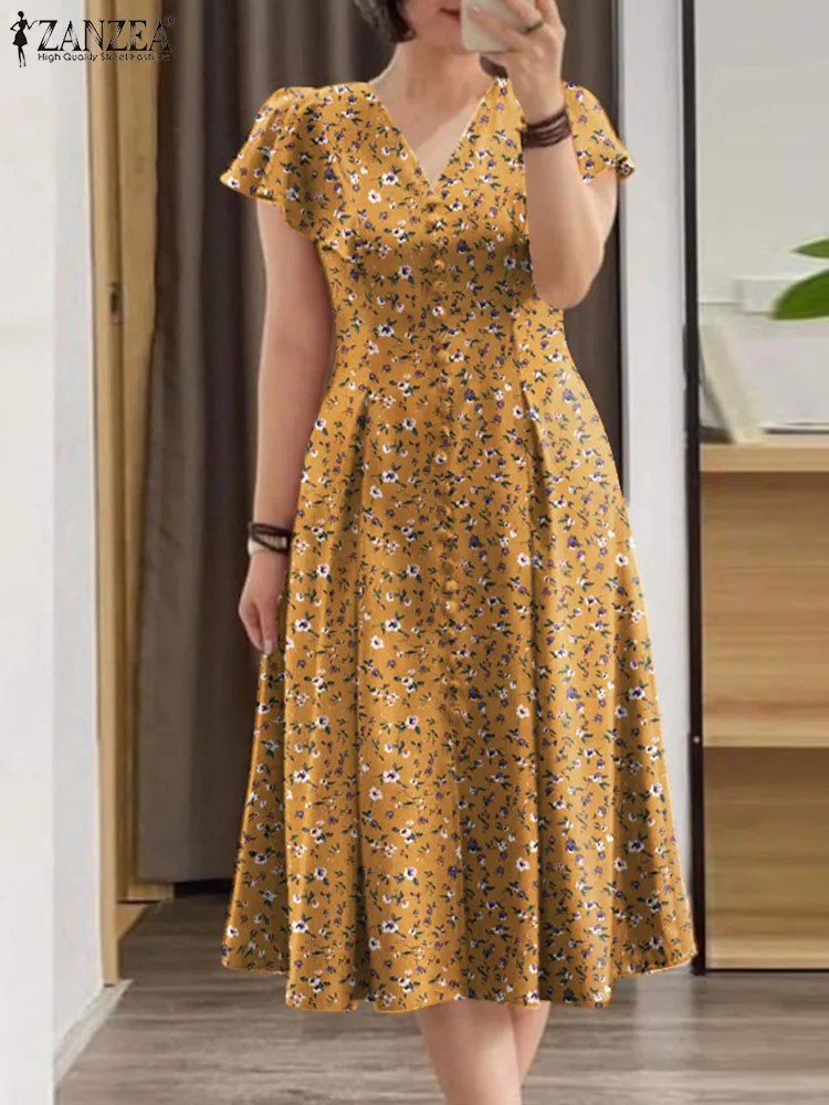 ZANZEA Summer Stylish Printed Sundress Elegant Slim Dress Woman Short Sleeve V-Neck Dresses Female Vintage Party Robe Oversized