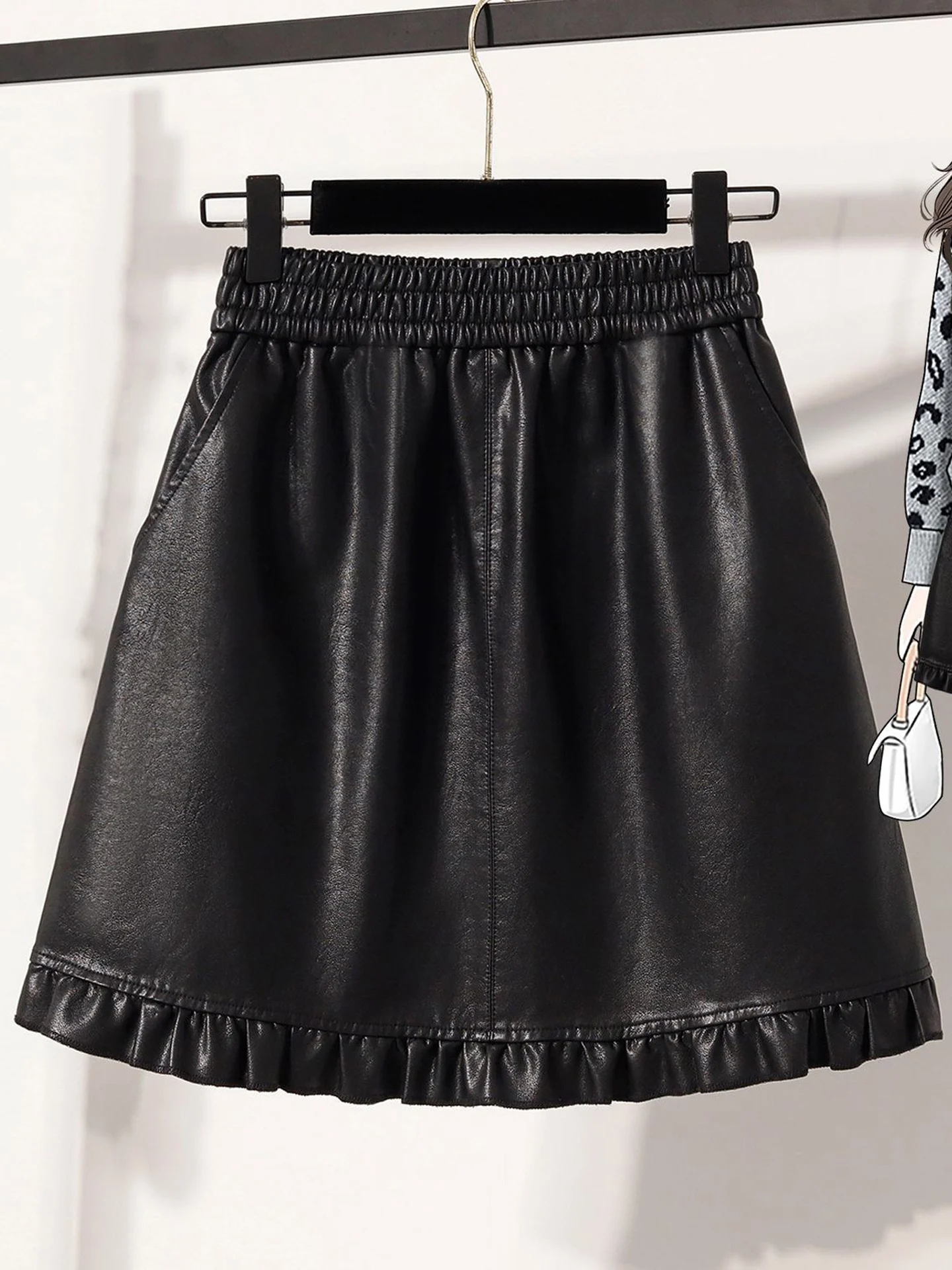 High Waist PU Leather  Skirt Women's Loose Fashion Design Sensation Elastic Waistband Wooden Ear  Short Skirt