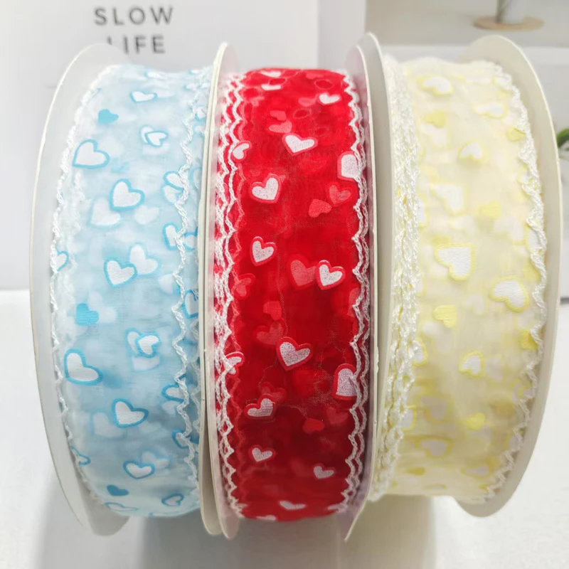 

40 мм 100 ярдов красочная лента «Любовь/сердце» из снежной марли ручной работы DIY бант подарочная коробка свадебный сувенир аксессуары для одежды