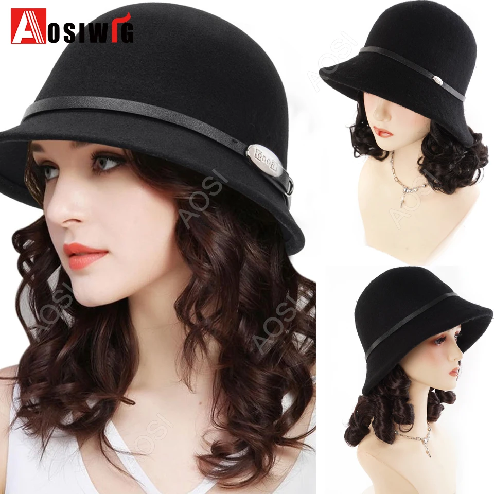 vintage elegant wool small hat Synthetic integrated Hat wig Autumn And Winter fisherman's hat Warm hat wig for women daily wear