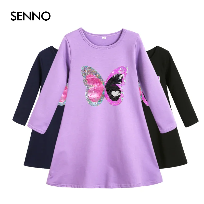 Long Sleeve girls dress with color change sequins Autumn Spring kids clothing fashion cotton glitter children princess dresses