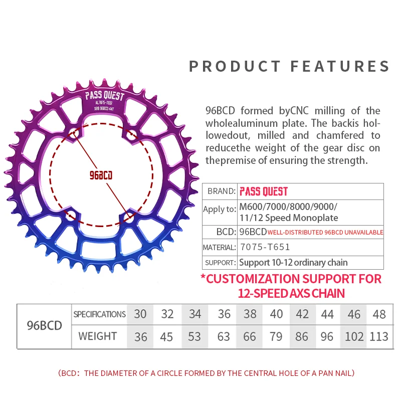 PASS QUEST 96BCD Bicycle Chainring Narrow Wide Tooth Chain Wheel for shimano M600/M7000/M8000/M9000/M9020 11/12Speed Monoplate