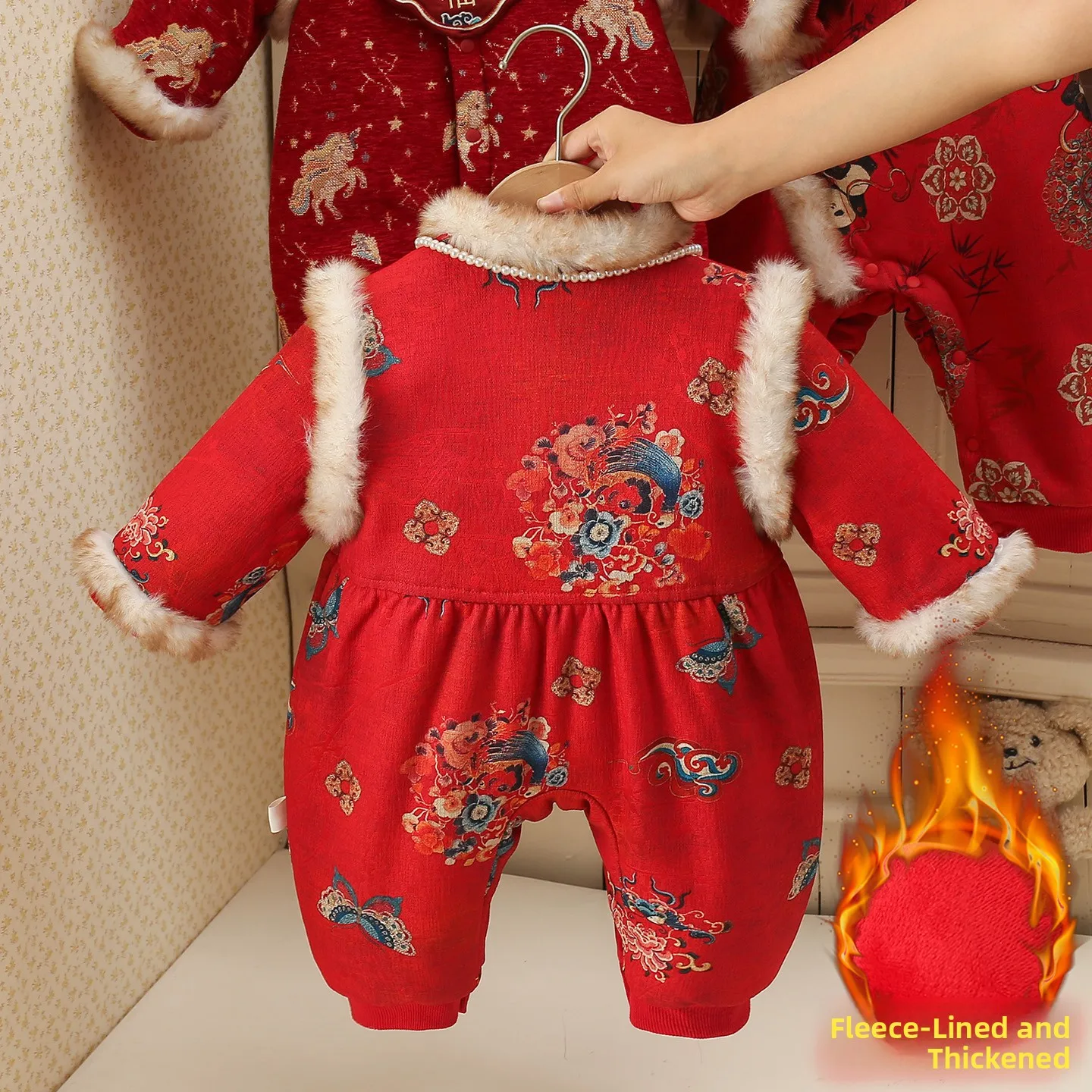 ชุดฉลองปีใหม่สำหรับเด็กทารกหญิง แขนยาว ผ้าโพลีเอสเตอร์ อุ่นสบาย สำหรับฤดูหนาว รุ่น Baby Winter Rer Fce Lined  สำหรับงานวันเกิด