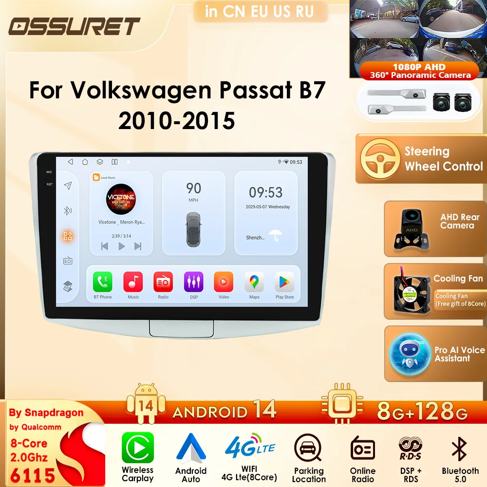 Ossuret Snapdragon 6115 Auto-Intelligentes System für Volkswagen Passat B7 2010 - 2015 Android AUTO CarPlay SWC DAB+ RDS DSP GPS