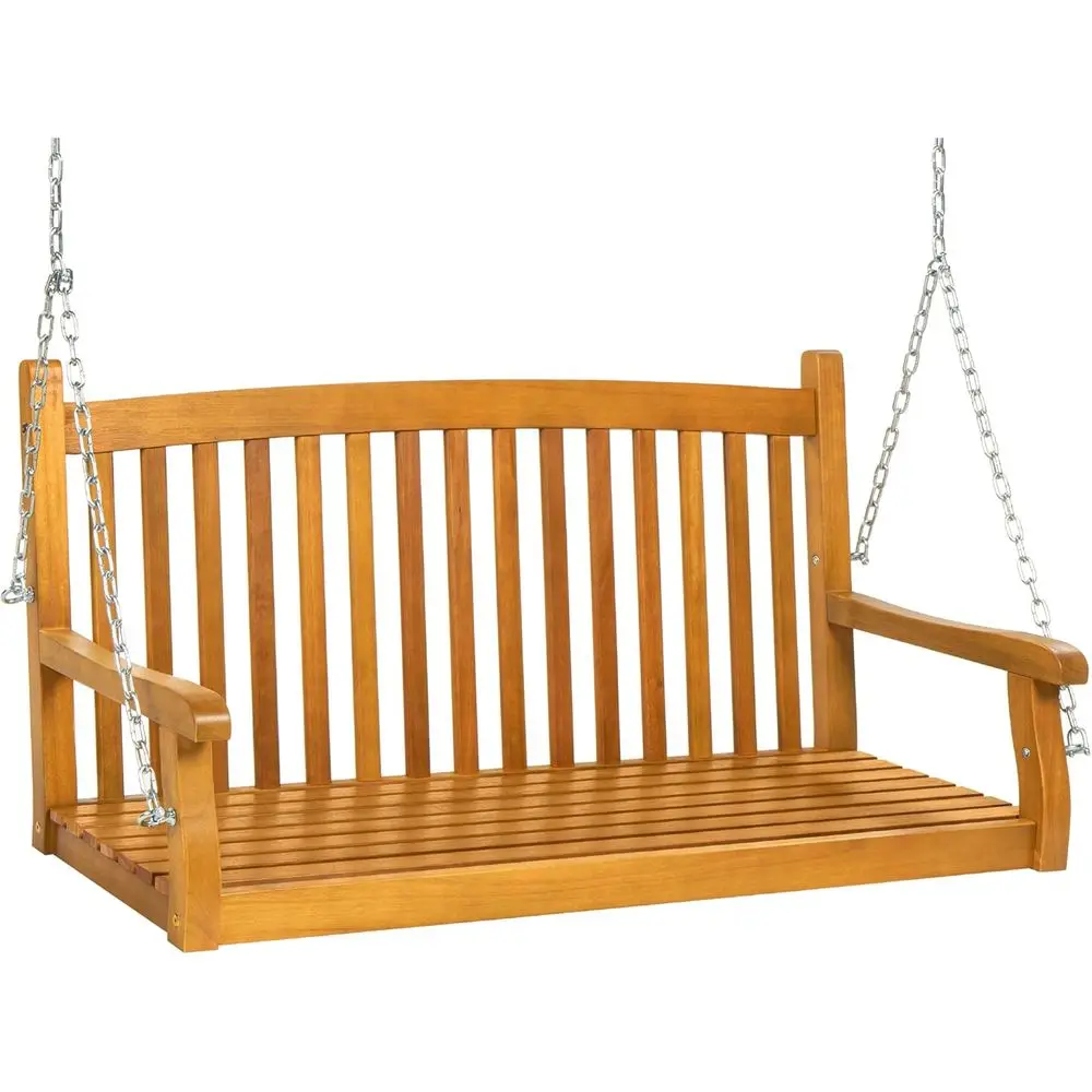 

Brown 48 Curved Back Outdoor Wood Porch Swing with Hanging Chains for Patio, Deck, or Garden, Supports Up to 500lbs
