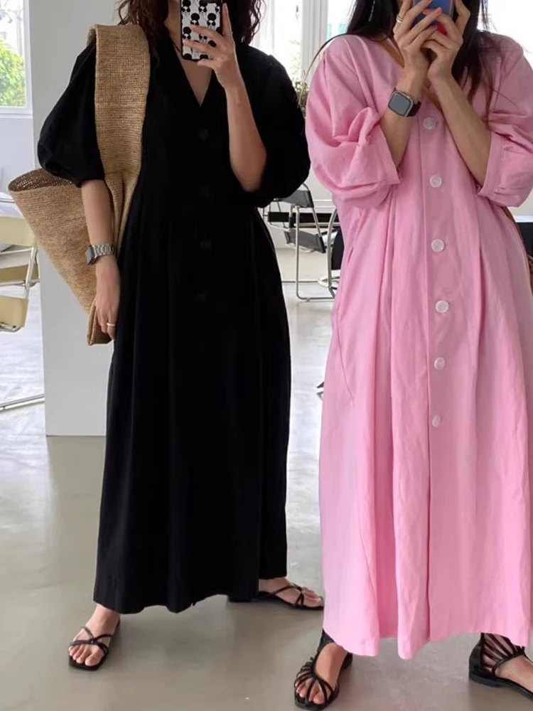 Chic Summer Anti-Aging V-Neck Pleated Loose Casual Single Button Long Lantern Sleeve Dress Women\'s Fashion Commute Style