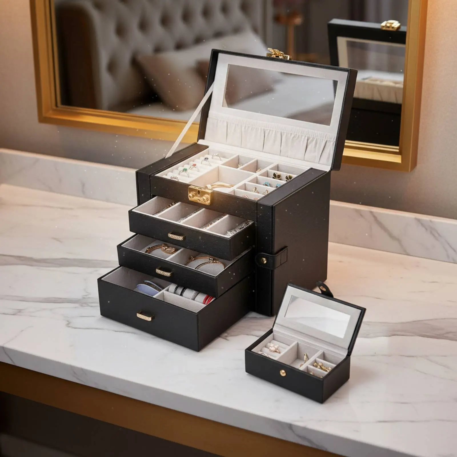 

Multi-Tier Jewelry Box Large Capacity Multi-Drawer Jewelry Case Removable Dividers Anti-Knot Necklace Hangers for Bedroom