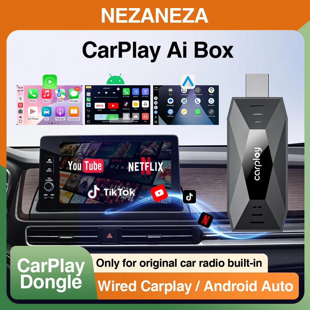صندوق Mini 3In1 AI سلكي إلى CarPlay اللاسلكي Android Auto Support Netflix YouTube Tiktok USB Type-c Dongle محول السيارة