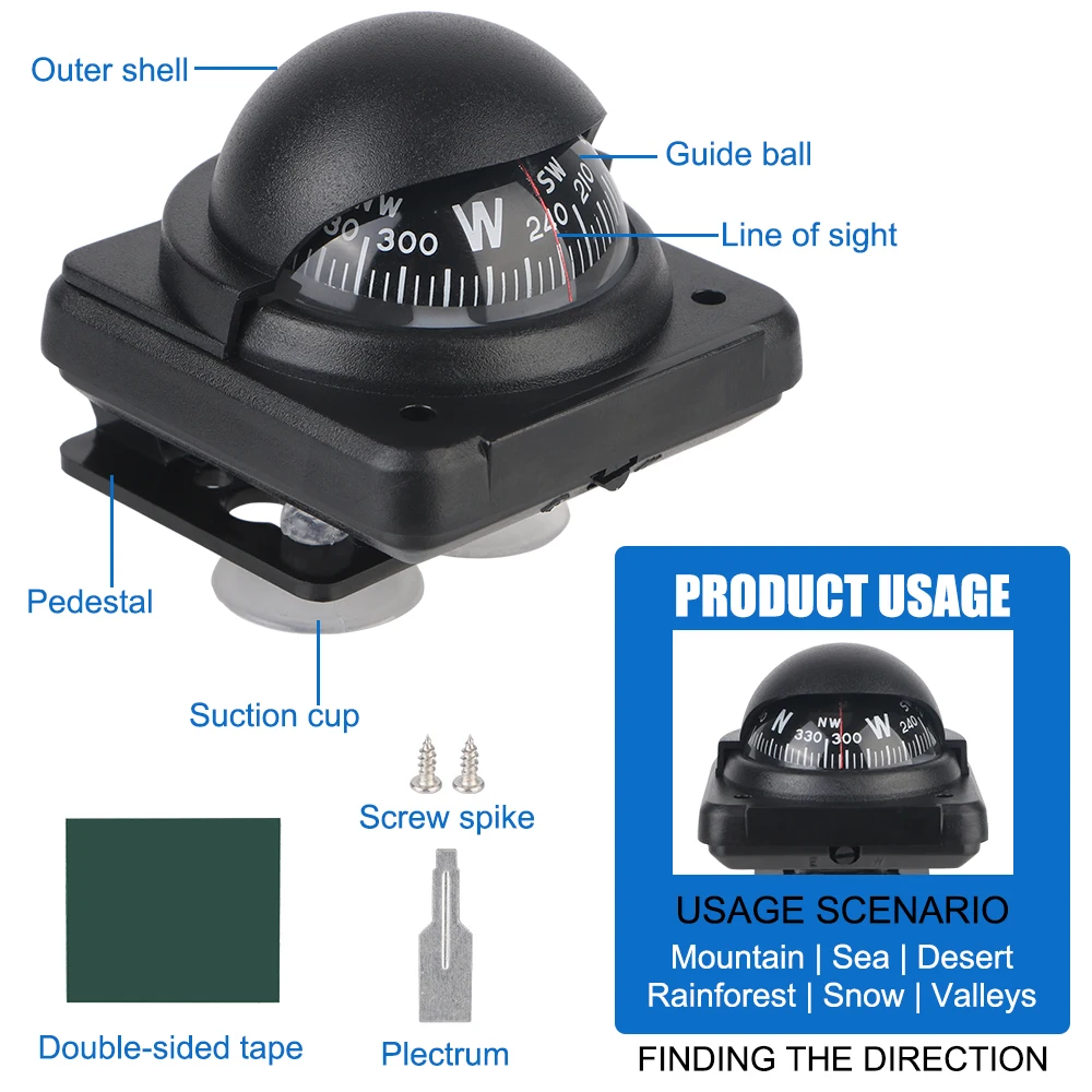 Boussole de voiture, accessoires d'ornement, outils de voyage, boule de boussole montée sur véhicule pour la Navigation, électronique numérique de mer