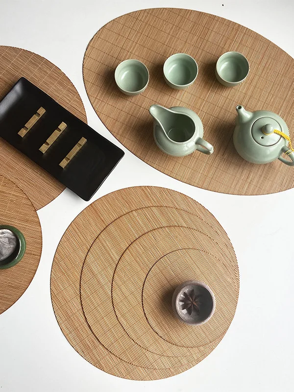 Chinese Style Bamboo Tea Mat Circular Heat Resistant Curtain for Tea Ceremony Gongfu Tea Accessories Vintage Elliptical Shape