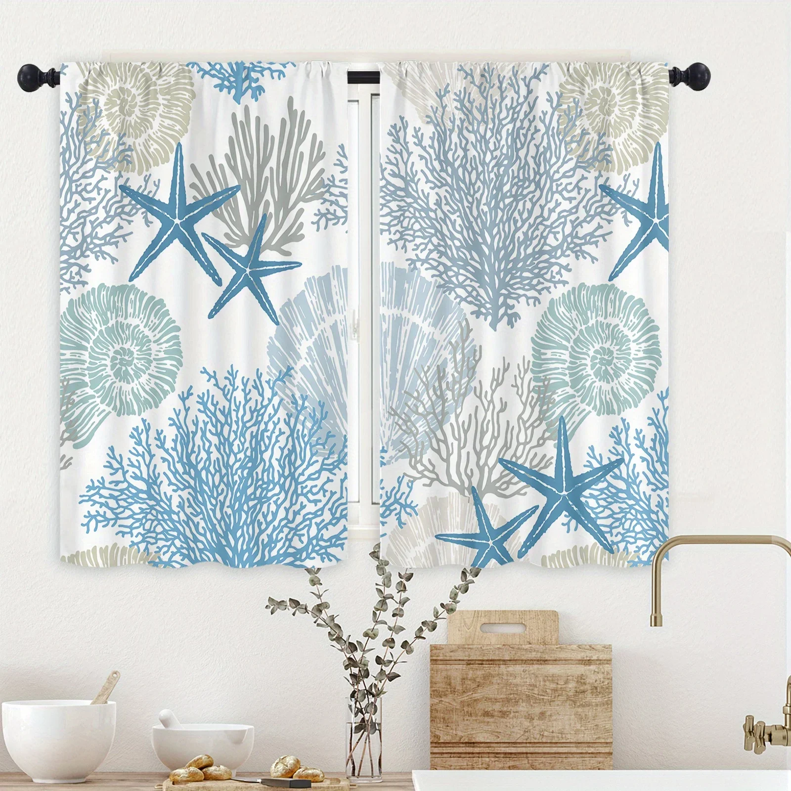 2Pcs Beach Coastal Starfish Kitchen Curtain Nautical Summer Window Treatment for Living Room Home Decor Cafe Cabinet Decoration