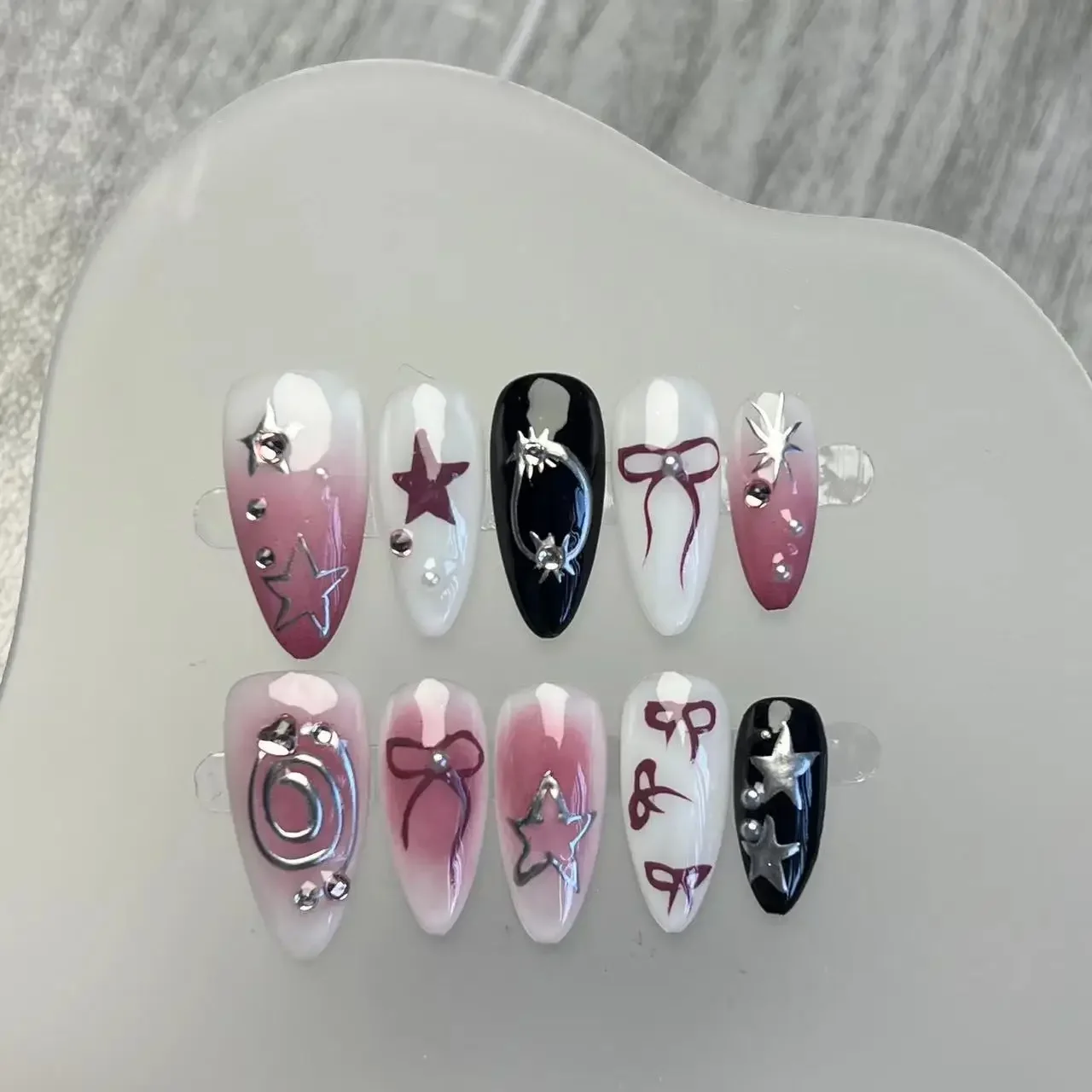 10Pcs Hand Drawn Almond Handmade Press on Nails Bowknot Fake Nail Metallic Glitter Spice Girl French Manicure Nail Tips