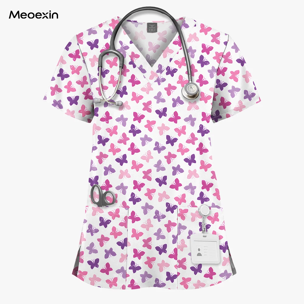 ชุดพยาบาลพิมพ์ลาย ระบายอากาศได้ดี น้ำหนักเบา เสื้อสครับสำหรับคลินิกสัตว์เลี้ยง ชุดยูนิฟอร์มสำหรับสัตวแพทย์ ผู้หญิง ผู้ชาย ลายการ์ตูนผีเสื้อ