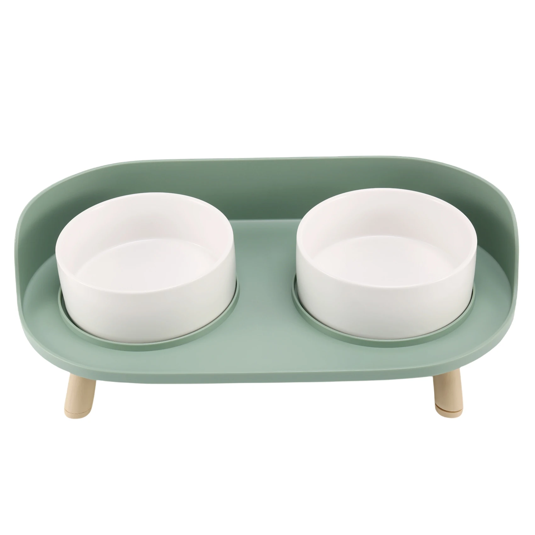 Pet Cat Bowl Feeder Dog Cat Food Bowl with Water Fountain Double Bowl Drinking Raised Stand Dish Bowls-Green