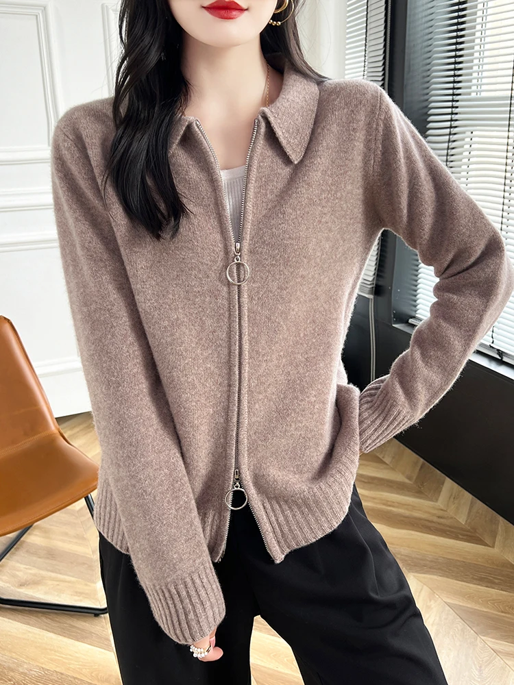 Choice Women Zipper Turn Down Collar Cardigan Thick Casual Loose Cashmere Sweater Autumn Winter 100% Merino Wool Knitwear Jersey