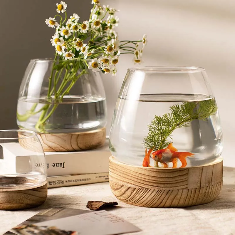 1/2 Pcs Nordic Style Glass Vase Hydroponic Plant Bottle With Wooden Base Transparent Mini Fish Tank Home decoration glass Bottle